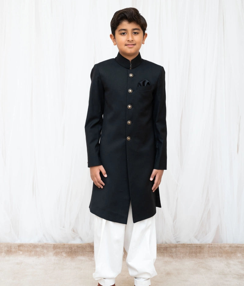 **Pre-Order: Elegant Black Sherwani with Salwar Set for Men – Perfect for Weddings, Festivals & Special Occasions**