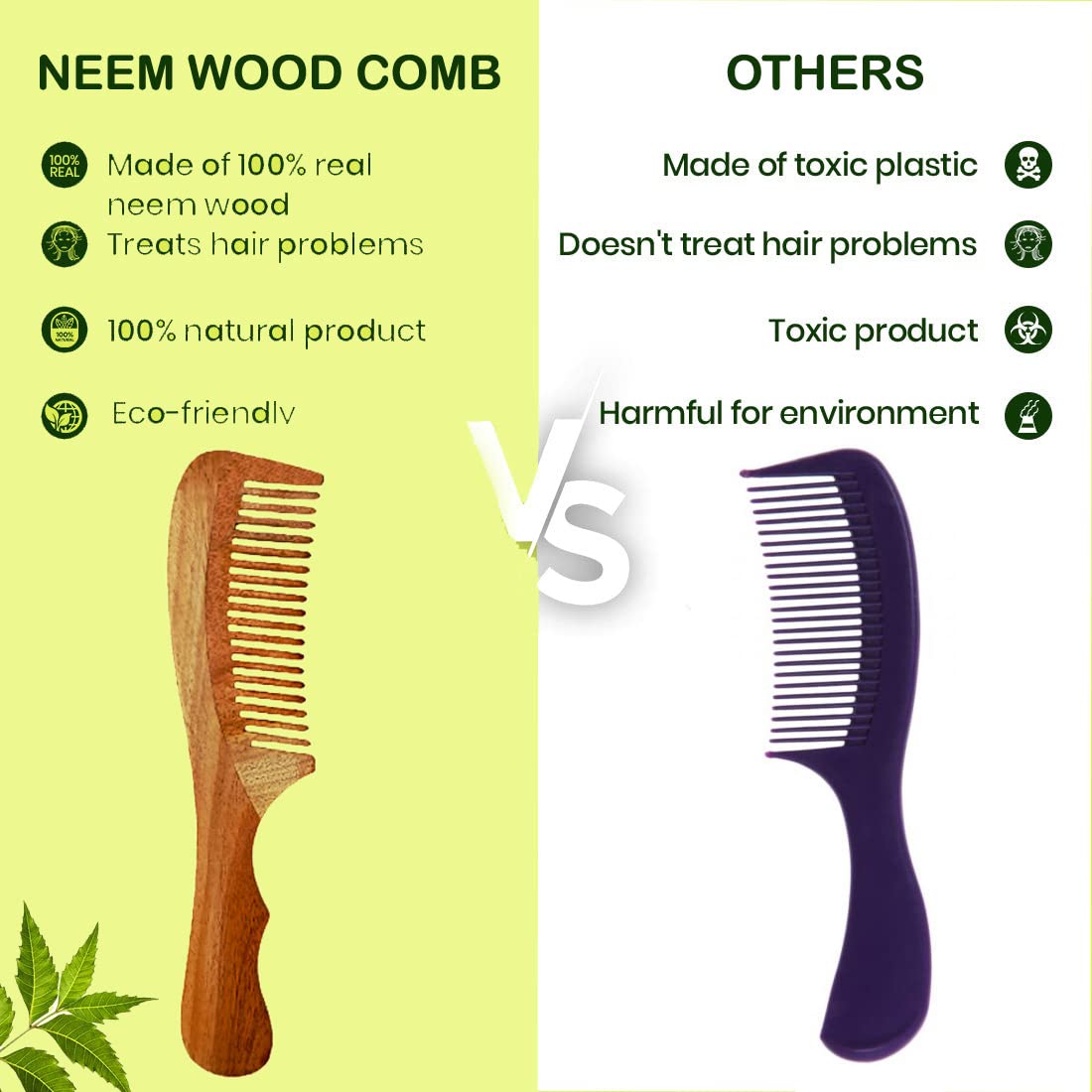 Rufiys Kacchi Neem Wood Hair Comb for Women & Men - Anti Dandruff Wooden Comb with Handle for Curly & Wavy Hair - Promotes Hair Growth - Perfect for Daily Hair Care & Scalp Massage
