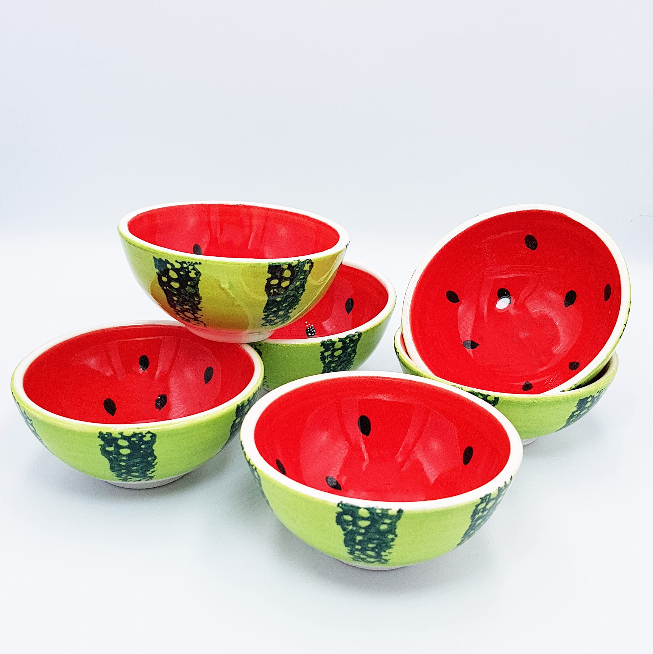 Kaira Handpainted Ceramic Mini Finger Bowls - Set of 6 Cute Fruit Design Snack Cups for Ice Cream, Condiments, Rice, Desserts, Soy Sauce, Salsa & Cereal - Perfect for Parties, Dining, Food Prep & Small Bite Serving (Red)