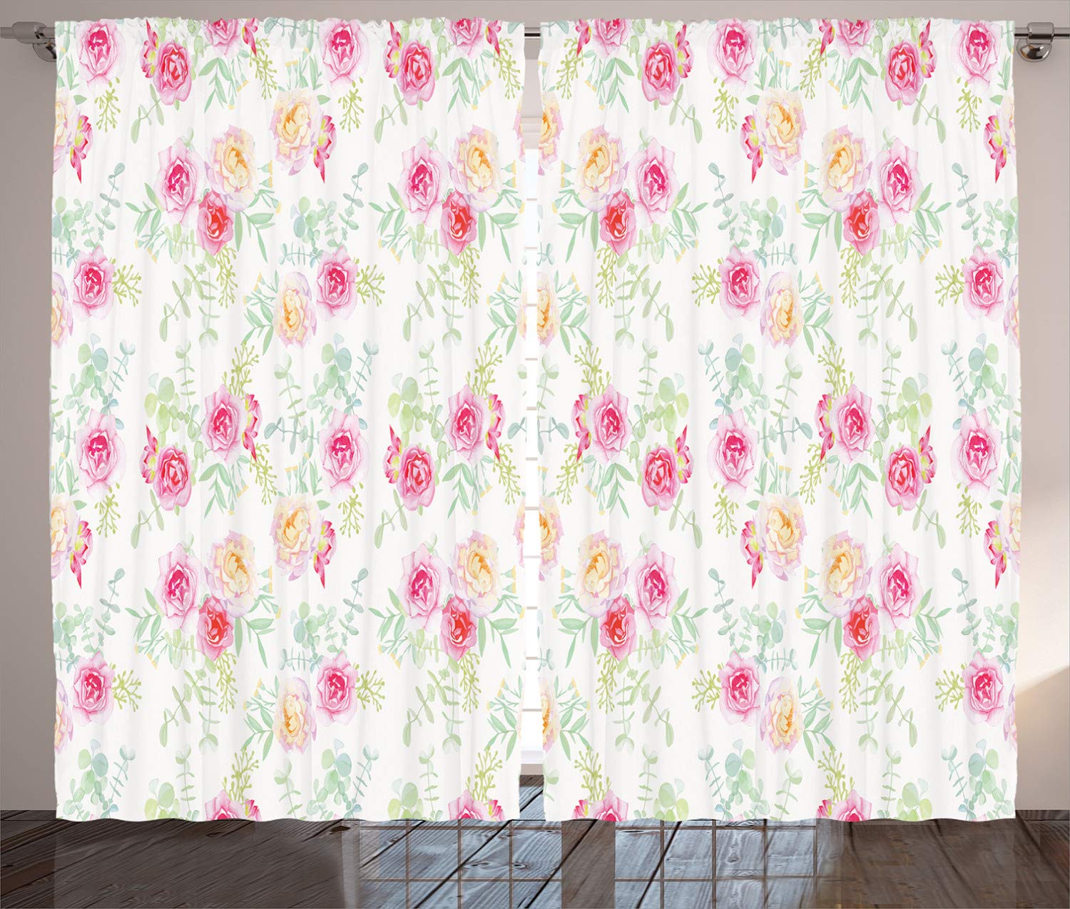 Ambesonne Vintage Watercolor Flower Curtains - Soft Pink Roses Retro Painting Window Drapes for Living Room & Bedroom, 2 Panel Set (108