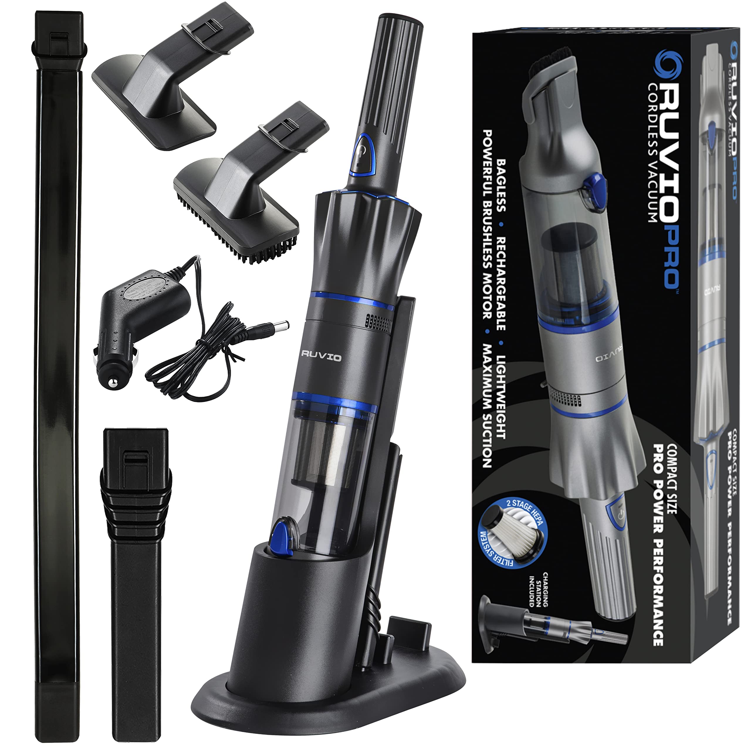 Ruvio PRO Cordless Hand Vacuum - Portable for Home & Car, HEPA Filtration | Quick Cleanups