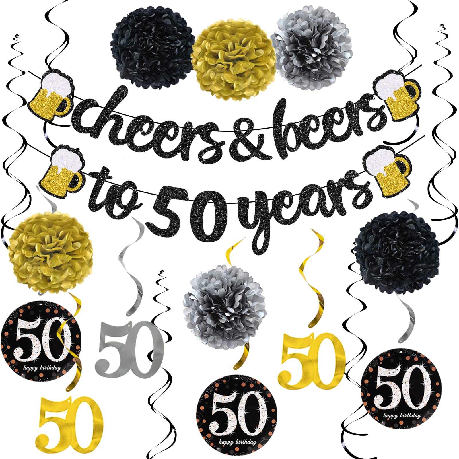 50th Birthday Party Decorations Kit for Men & Women - Cheers to 50 Years Banner, Pom Poms, Flowers & Sparkling Hanging Swirls - Perfect for 50th Birthday Celebrations, Wedding Parties & Anniversary Decor