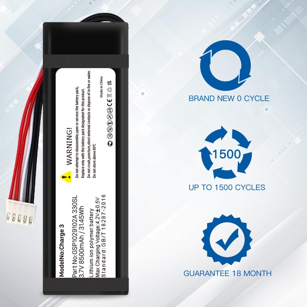 8500mAh Replacement Battery for Charge 3 & GSP1029102A 330SL Speaker - High Capacity Portable Power for Outdoor Events, Camping, and Home Use