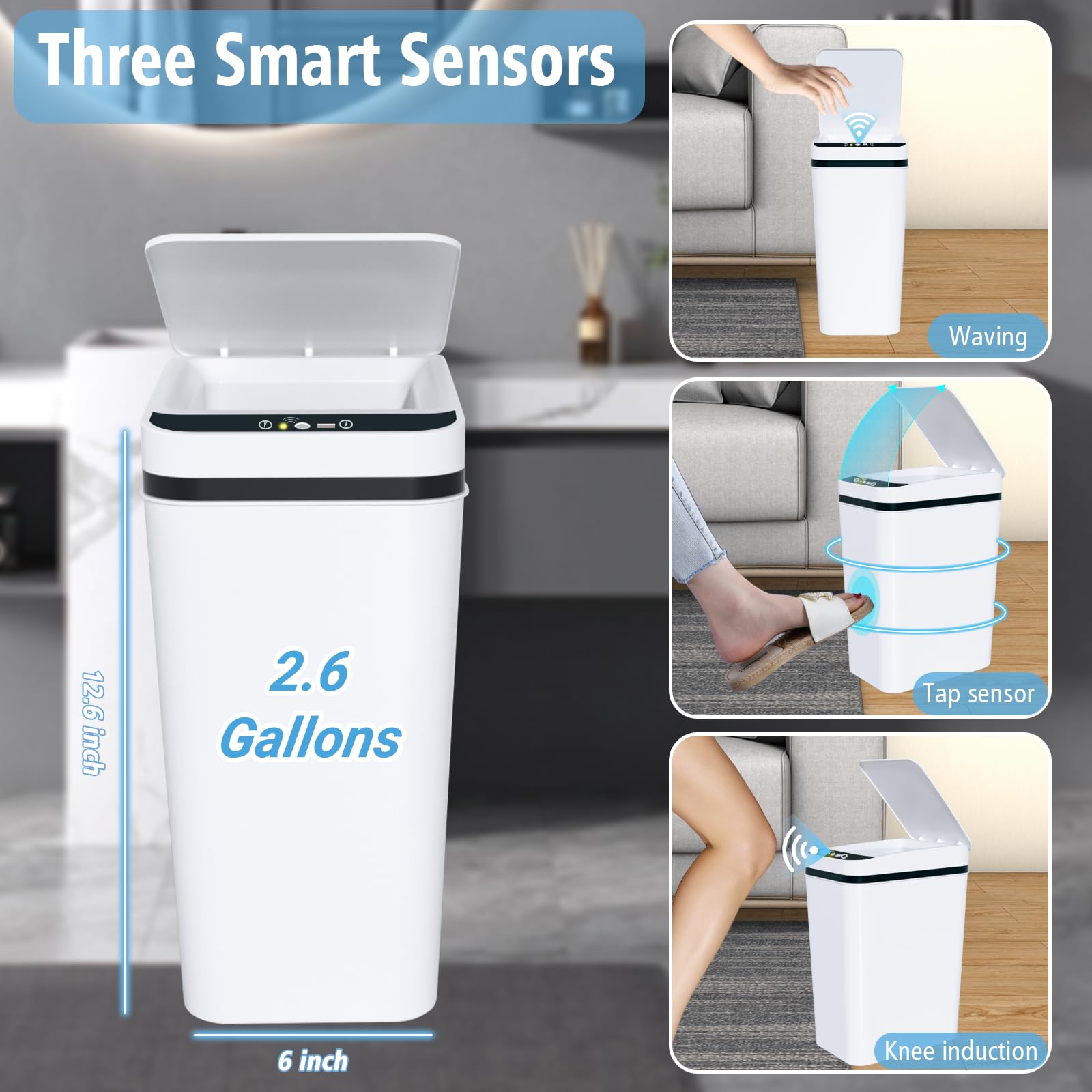 3-Pack Automatic Motion Sensor Trash Can with Lid, 2.6 Gallon Slim Waterproof Touchless Garbage Bin for Bathroom, Bedroom, Office & Living Room - White | Hands-Free Waste Disposal for Hygiene & Convenience
