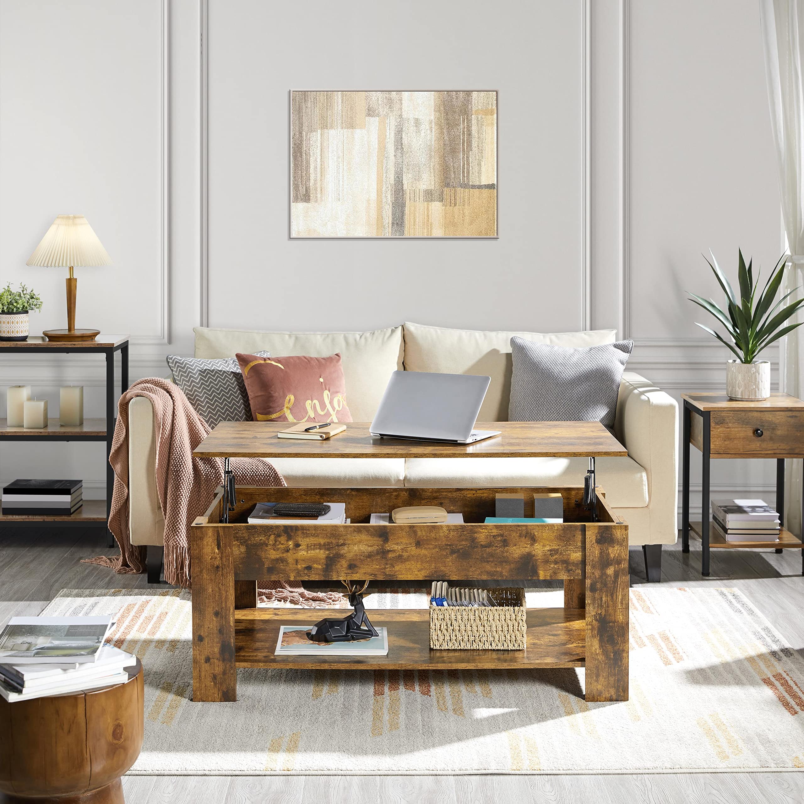 Topeakmart Lift Top Coffee Table with Hidden Storage Compartment & Adjustable Tabletop - Rustic Brown 47.5