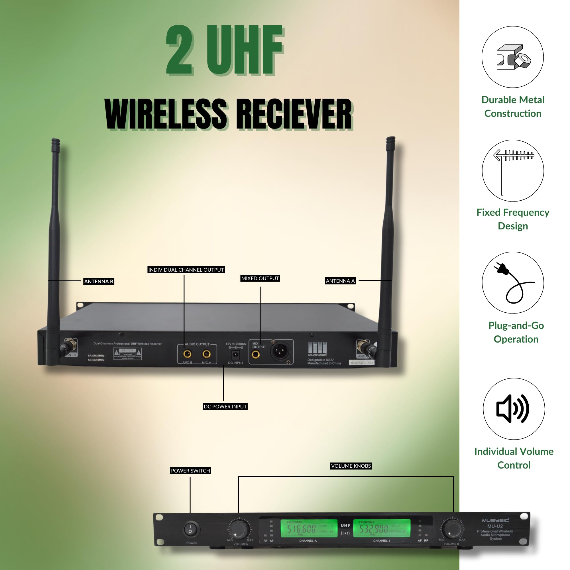 MUSYSIC U2HL 2-Channel UHF Wireless Microphone System - Handheld, Lapel & Headset Mic for Professional Performances, Events & Church (FCC Certified)