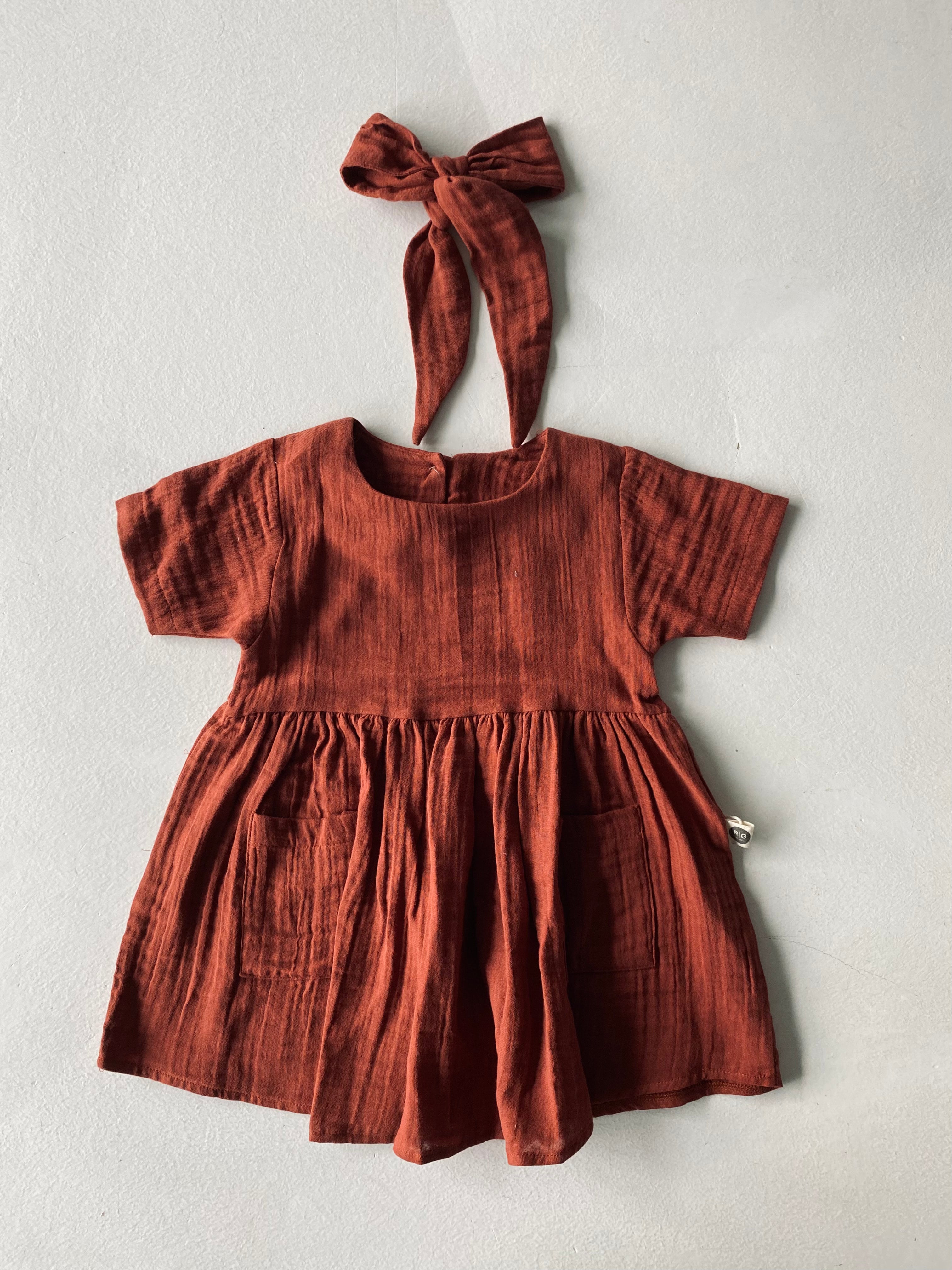 Baby Muslin Dress with Double Pockets & Hairband Set - Soft & Breathable for Newborns, Infants - Perfect for Photo Shoots, Playtime & Special Occasions