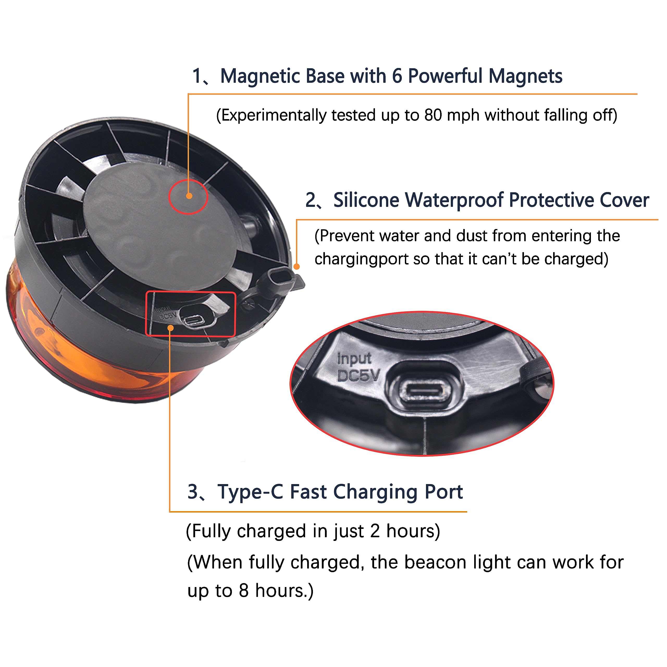 12-24V Rechargeable Magnetic Amber Strobe Light - Wireless LED Warning Beacon for Trucks & Vehicles | Emergency Flashing Light for Road Safety, Construction Zones & Hazard Scenarios