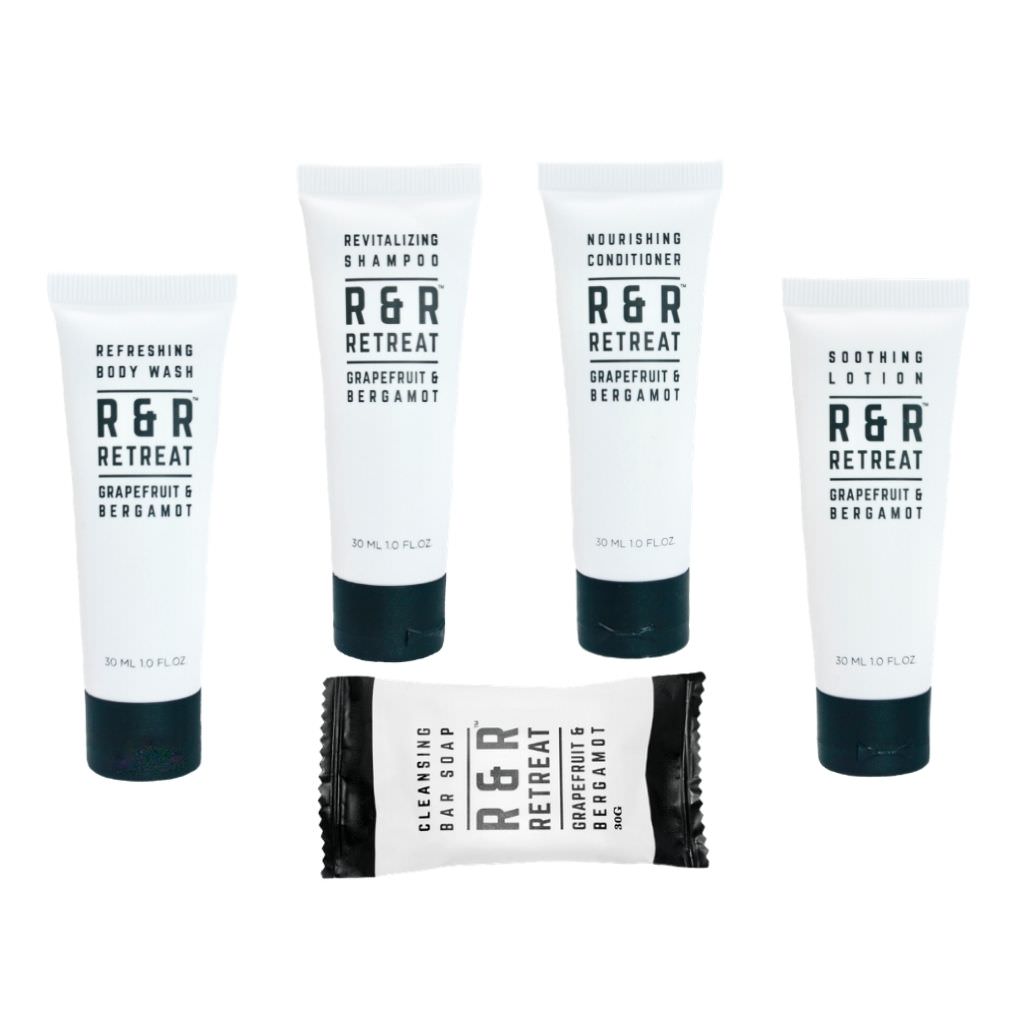 Luxury Hotel Toiletries Set - Premium Travel Size Shampoo, Conditioner, Body Wash & Lotion in Elegant Presentation Bag | Perfect for Travel, Gifts & Spa Days
