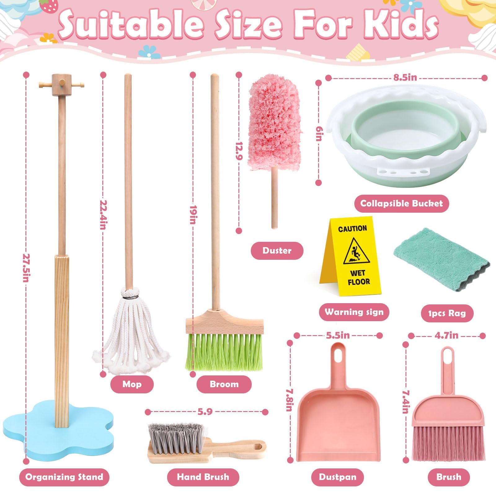 Wooden Kids Cleaning Toy Set - 12 Pcs Pretend Play Housekeeping Playset with Mop, Broom, Dustpan & Bucket - Montessori Learning Toys for Toddlers Age 3-6 - Perfect Gift for Boys & Girls - Encourages Role Play & Cleaning Skills Development