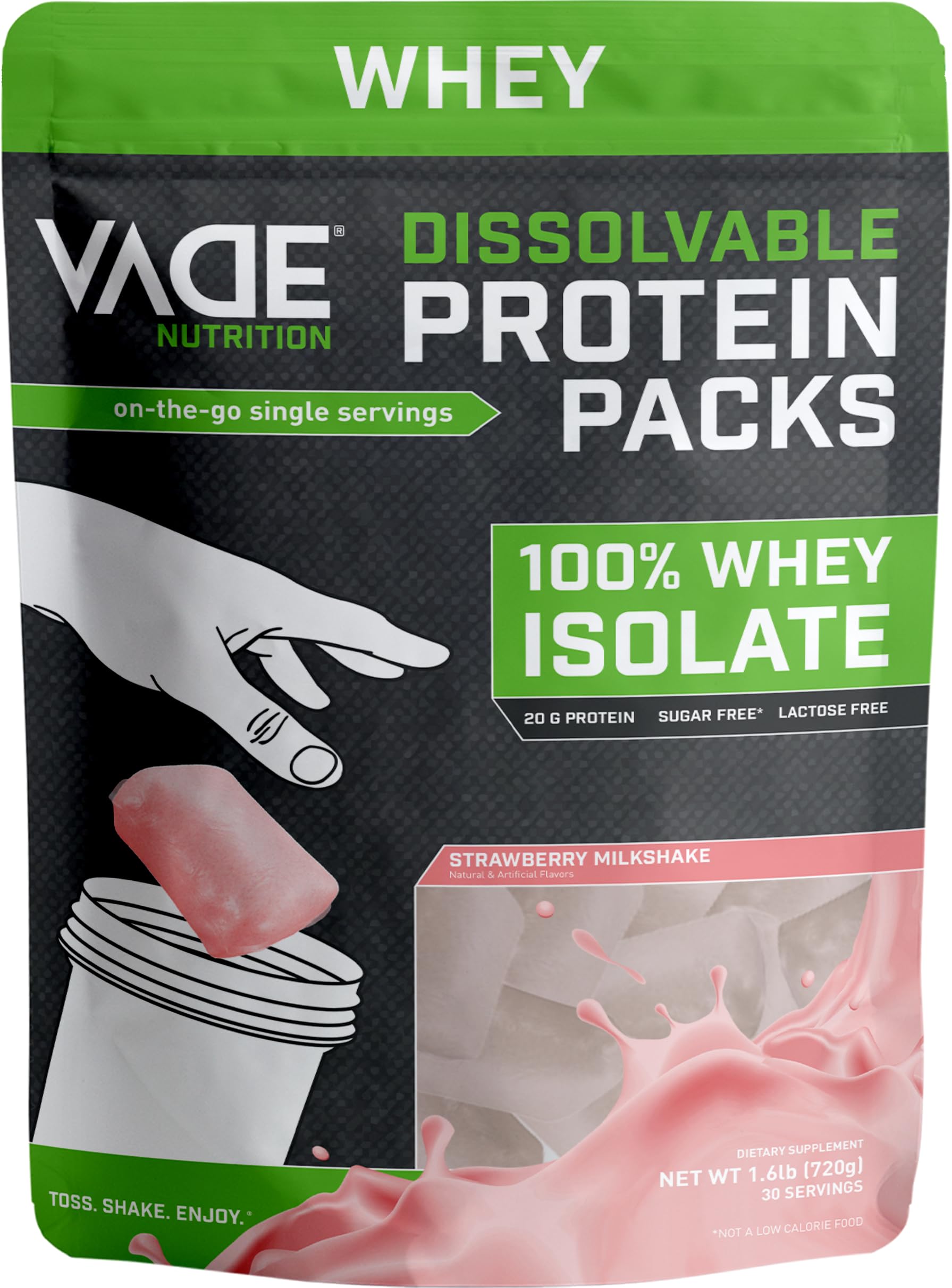 VADE Nutrition Dissolvable Protein Packs - Strawberry Milkshake Whey Isolate Protein Powder | Low Carb, Low Calorie, Lactose & Gluten Free, Fat & Sugar Free | 30 Servings for Gym, Workout Recovery & On-The-Go Nutrition