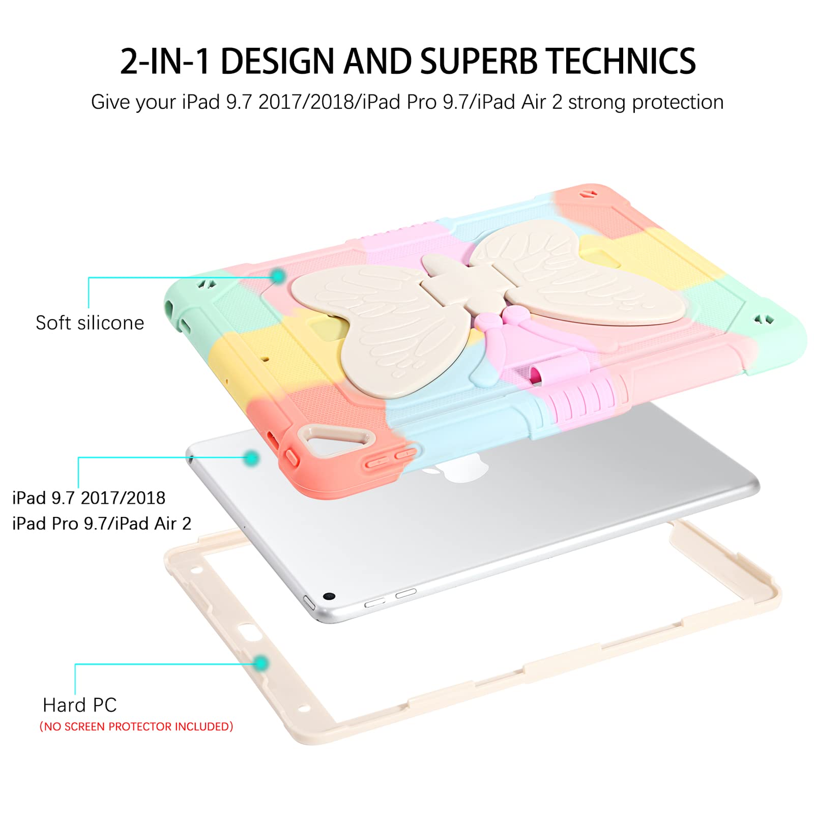 DUEDUE Shockproof Kids iPad Case for iPad Air 2/5th/6th Gen (2017/2018) & iPad Pro 9.7 - Butterfly Wings Design with Kickstand & Pencil Holder | Heavy Duty Protective Cover for School, Travel & Home Use | Rainbow Color