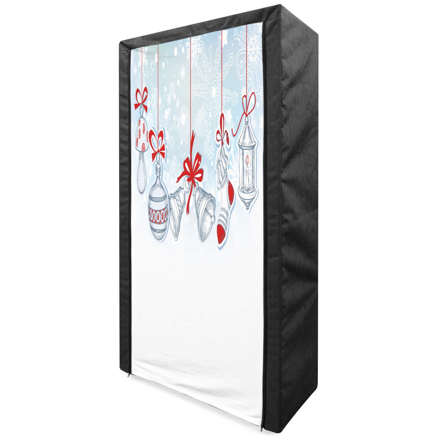Ambesonne Christmas Portable Fabric Wardrobe - Retro Style Holiday Storage with Shelves for Clothes, Toys & Candy | 33.5 Inch White, Orange & Blue Snowflake Design | Perfect for Bedroom, Nursery & Seasonal Decor Organization