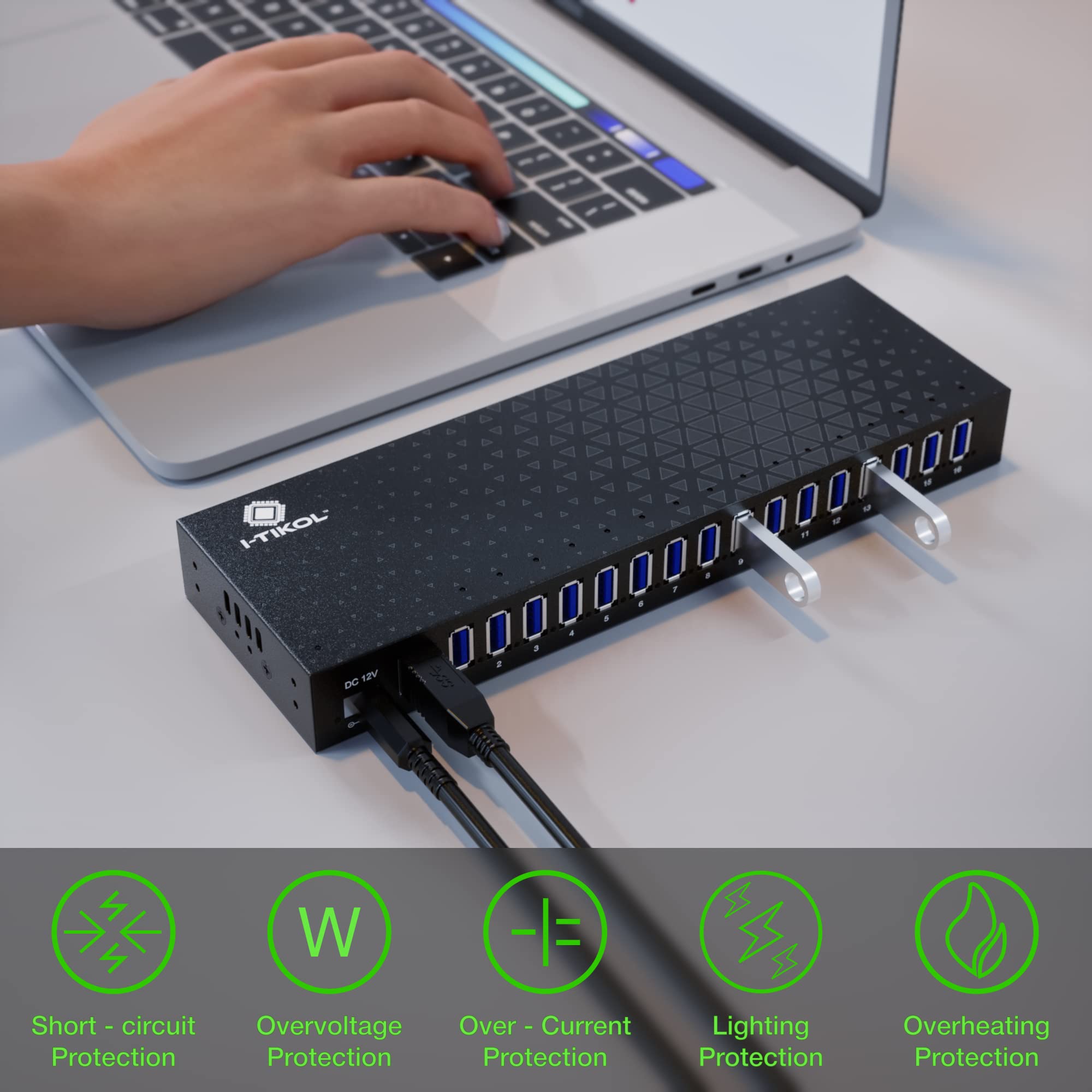 16-Port USB 3.0 Hub with AC Adapter - 5Gbps High-Speed Aluminum Alloy USB Splitter for Laptop, PC, Tablet & Phone - Desktop USB Expander for Multiple Devices - Perfect for Home Office, Gaming Setup & Workstation Connectivity