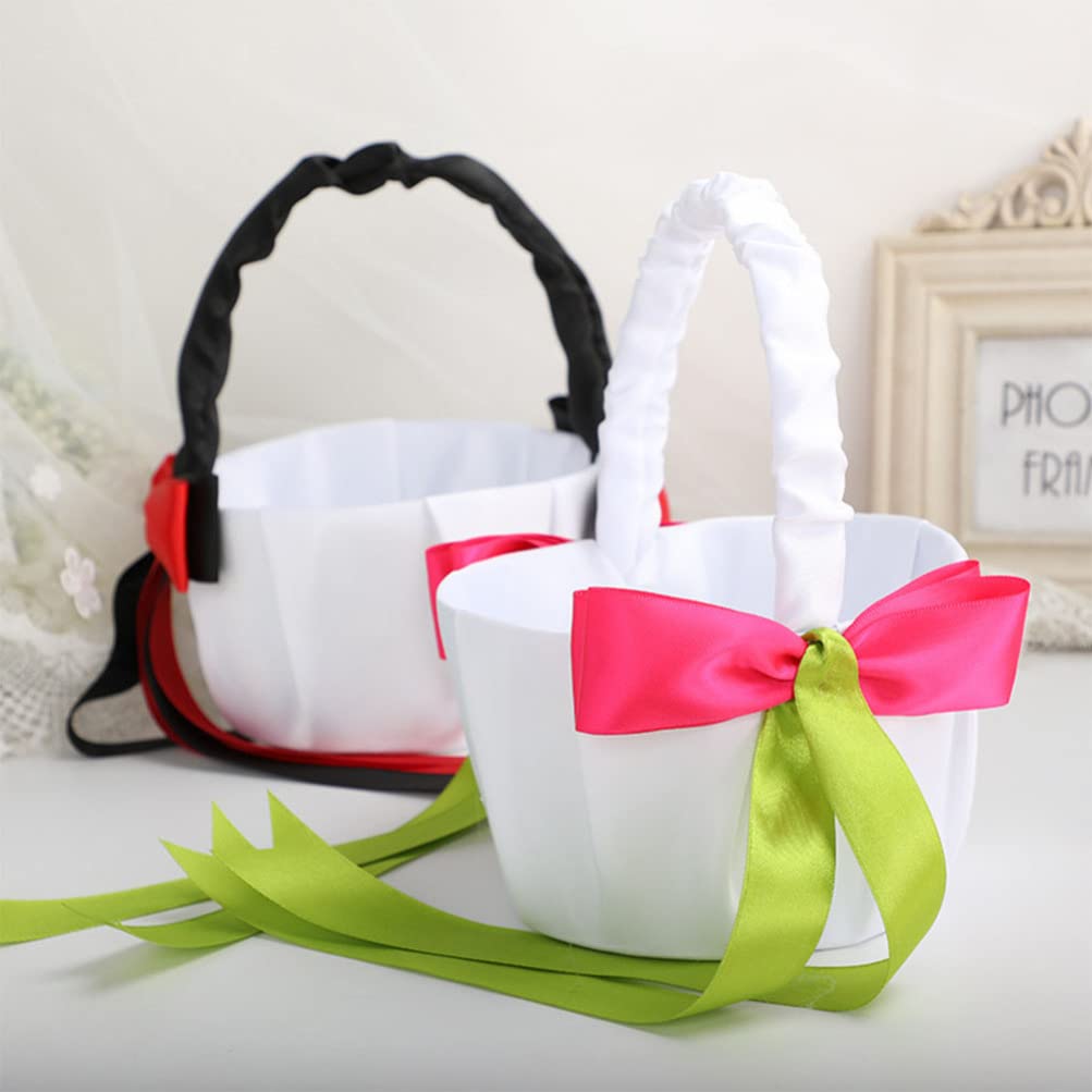 Elegant Black and Red Bowknot Flower Girl Basket with Handle - Wedding Ceremony Party Decoration for Romantic Bridal Showers, Receptions & Photo Props