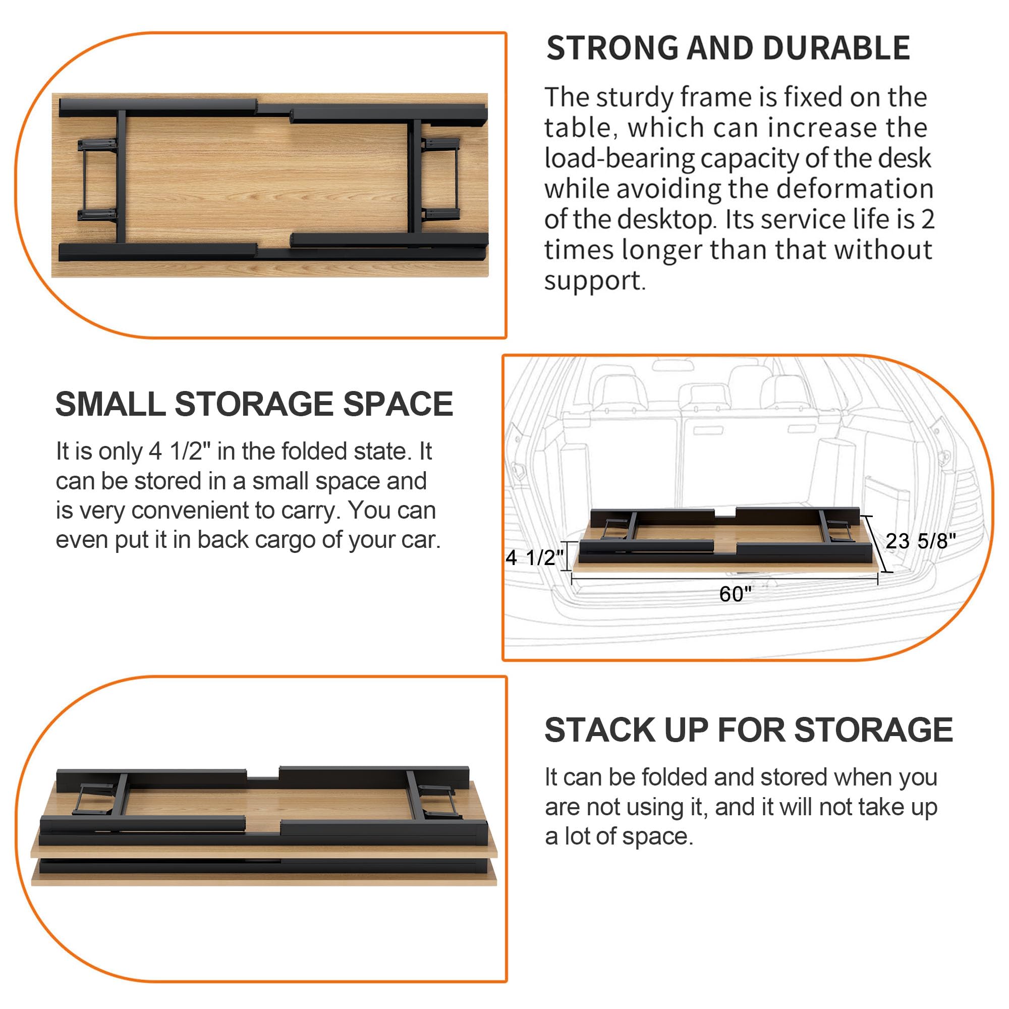 60 Inch Large Home Office Desk - Sturdy Foldable Computer Desk for Work & Gaming, No Assembly Required | Perfect for Small Spaces & Remote Work