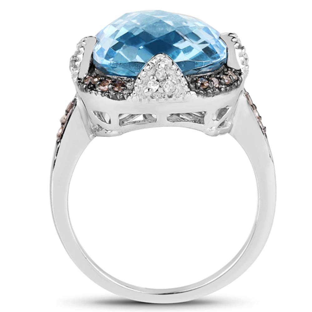 Genuine Swiss Blue Topaz & Champagne Diamond Sterling Silver Ring - Size 7 | Bonyak Jewelry for Women, Elegant Gift for Anniversary, Engagement or Special Occasion