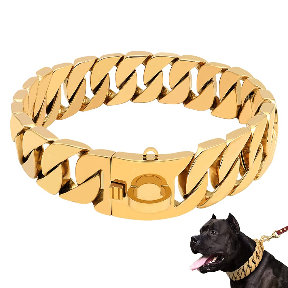 ZJING 30mm Heavy-Duty Gold Cuban Chain Dog Collar - Strong Steel Metal Choke Collar for Large Breeds (65CM/25.5in) - Perfect for Training, Walking & Outdoor Activities