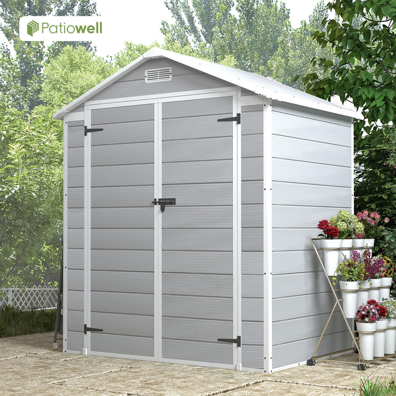 Patiowell 6x4 FT Plastic Outdoor Storage Shed - Waterproof Garden Shed for Patio Furniture, Lawn Mower, Bikes & Beach Chairs - Durable White & Grey Utility Shed for Backyard, Garage & Poolside Storage