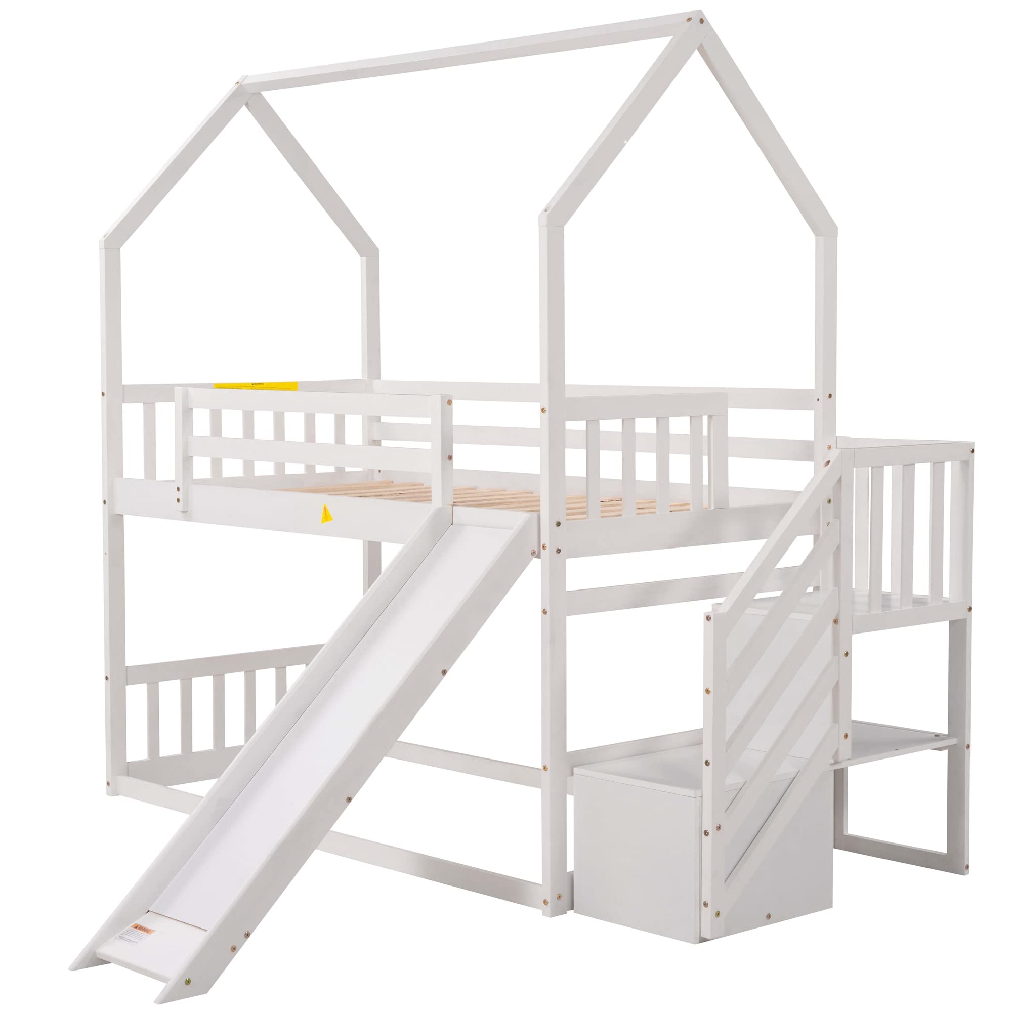 Twin Over Twin House Bunk Bed with Slide & Stairs - Kids Storage Bunk Bed for Boys & Girls (White) - Perfect for Small Bedrooms & Playrooms