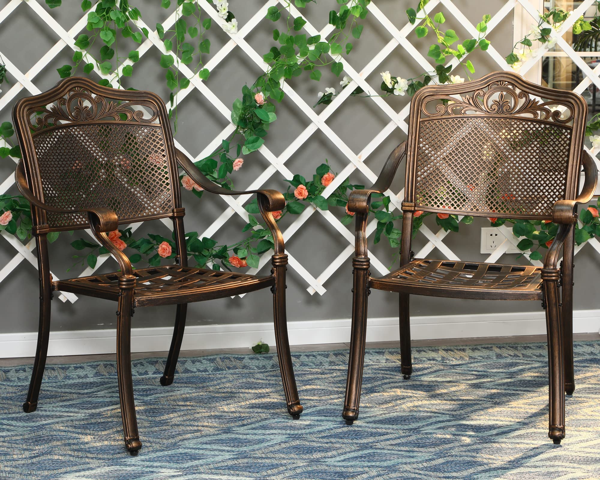 PHI VILLA Patio Dining Chairs Set of 2 - Weather-Resistant Cast Aluminum Outdoor Bistro Chairs with Curved Armrests - Golden Bronze Patio Furniture for Deck, Balcony, Garden & Backyard Dining
