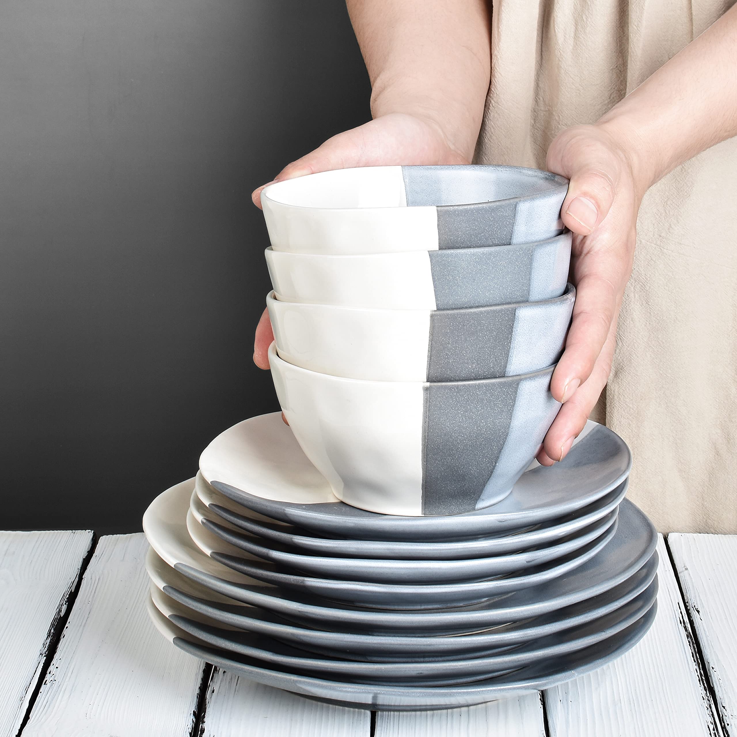 Bosmarlin 8.5 Inch Stoneware Dinner Plates Set of 4 - Microwave & Dishwasher Safe Geometric Grey Plates for Salad, Pasta, Dessert | Perfect for Family Dinners, Restaurant Style Serving & Everyday Use