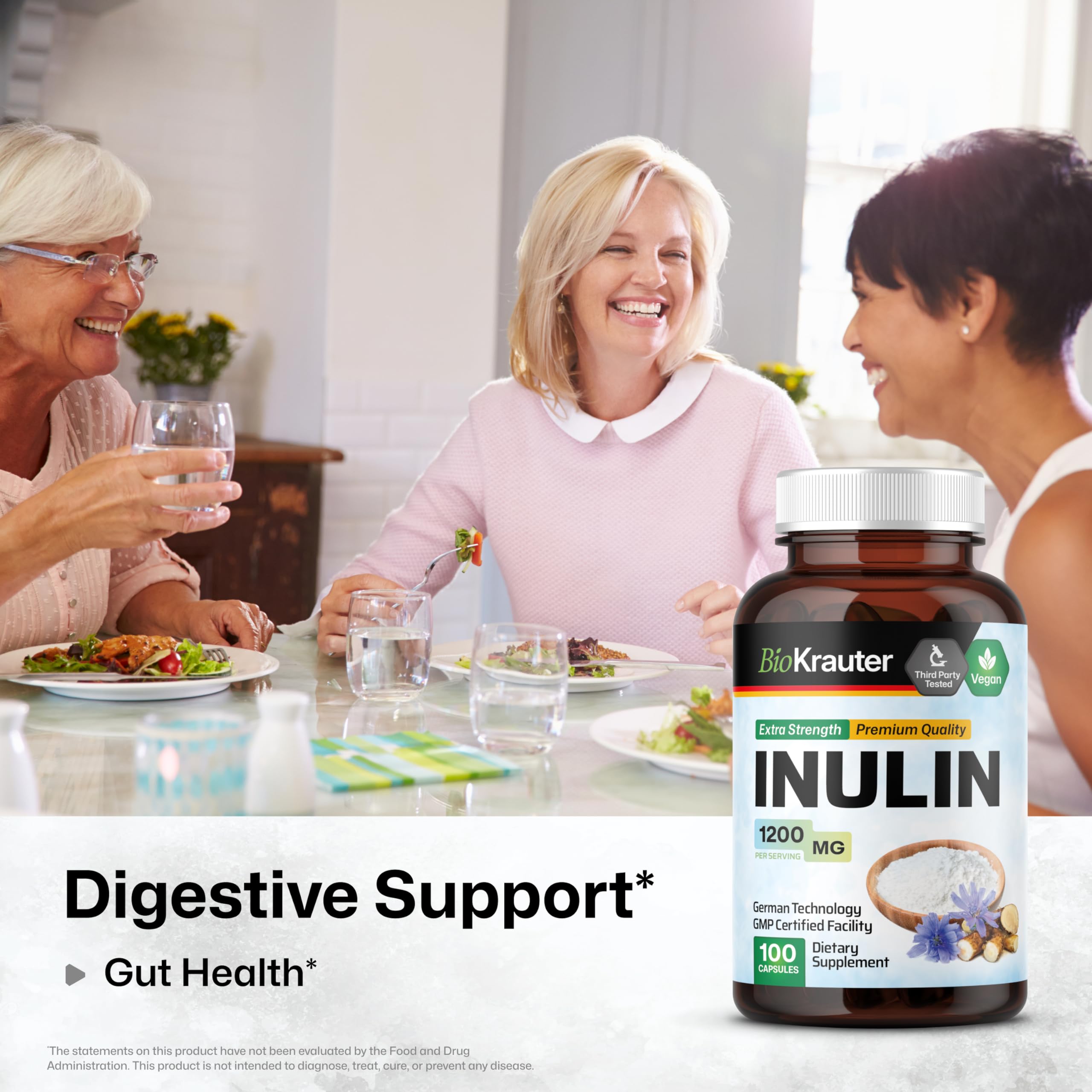 BIO KRAUTER Inulin Powder Capsules 1200mg - 100 Count Pure Soluble Fiber Supplement | Chicory Root Fiber for Digestive Support | Vegan, Non-GMO | Supports Gut Health & Weight Management | Perfect for Smoothies, Coffee & Baking