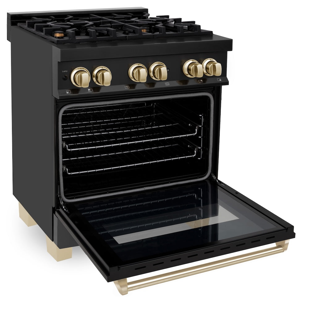 ZLINE Autograph Edition 30-inch Black Stainless Steel Dual Fuel Range with Range Hood - Professional Kitchen Package with Polished Gold Accents (2AKP RABRH30 G) | Perfect for Gourmet Cooking & Modern Home Kitchens