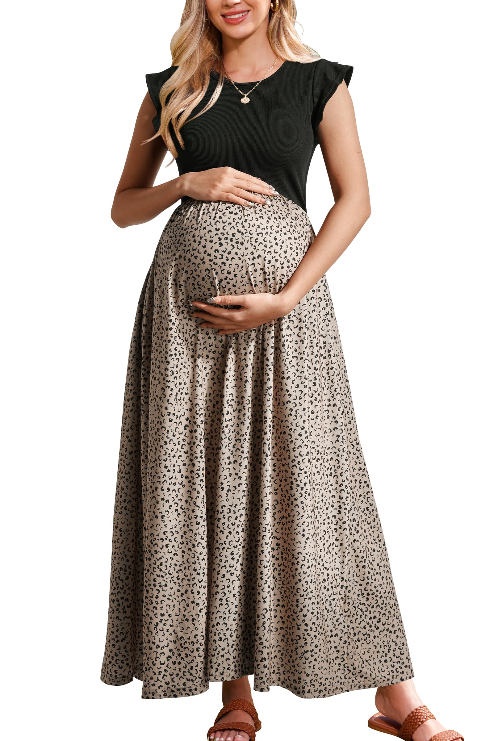 OUGES Women's Maternity Maxi Dress - Sleeveless Ribbed Summer Dress with Pockets for Pregnancy, Casual Outfits | Perfect for Beach, Vacation & Everyday Wear in Spring/Summer 2025