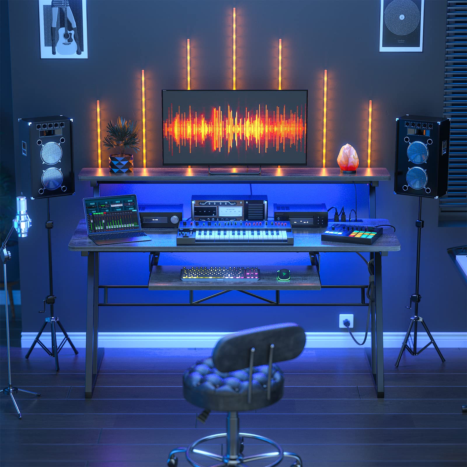 Armocity Music Studio Desk with Power Outlets & RGB LED Lights - Professional Recording Desk for Music Producers, Home Studio Workstation with Cable Management (Grey Oak) - Perfect for Home Studios, Podcasting & Music Production