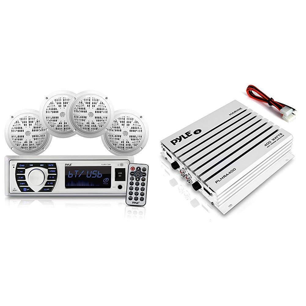 Pyle Marine Bluetooth Radio Receiver & Speaker Set - 12V Single DIN Style with 4 White Speakers & 400W 4-Channel Hydra Marine Amplifier | Waterproof Boat Audio System for Fishing, Yachting & Water Sports
