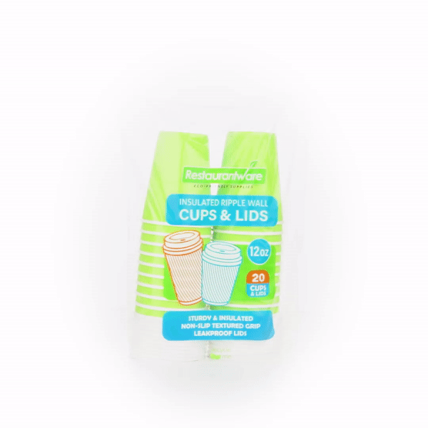 12 oz Eco-Friendly Recyclable Ripple Wall Coffee Cups with White Lids - 3.5