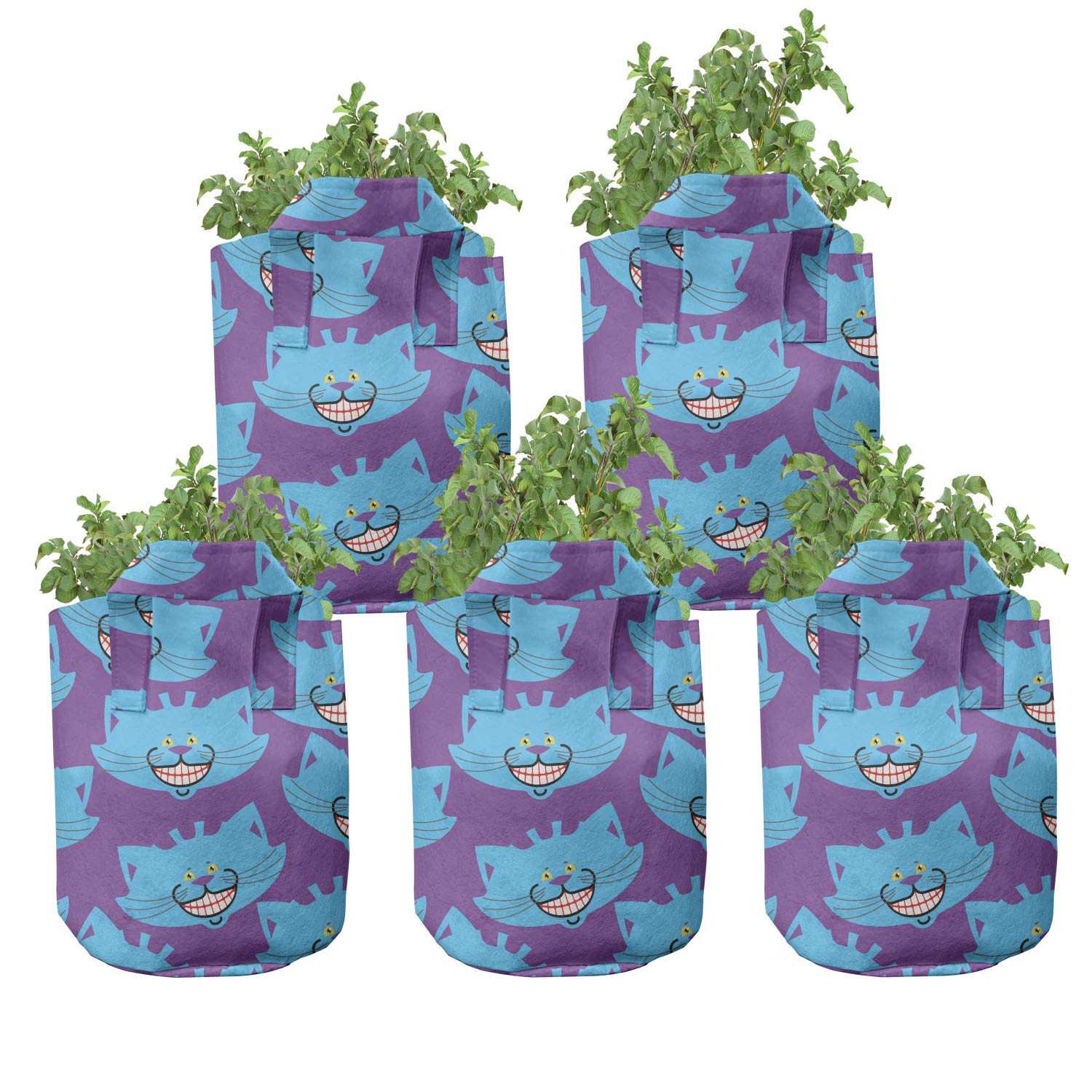 Lunarable Alice in Wonderland 5-Pack Grow Bags - Heavy Duty Fabric Plant Pots with Handles, 5 Gallon Capacity in Purple & Blue (Cheshire Cat Design) - Perfect for Indoor/Outdoor Gardening, Vegetables, Flowers & Herbs