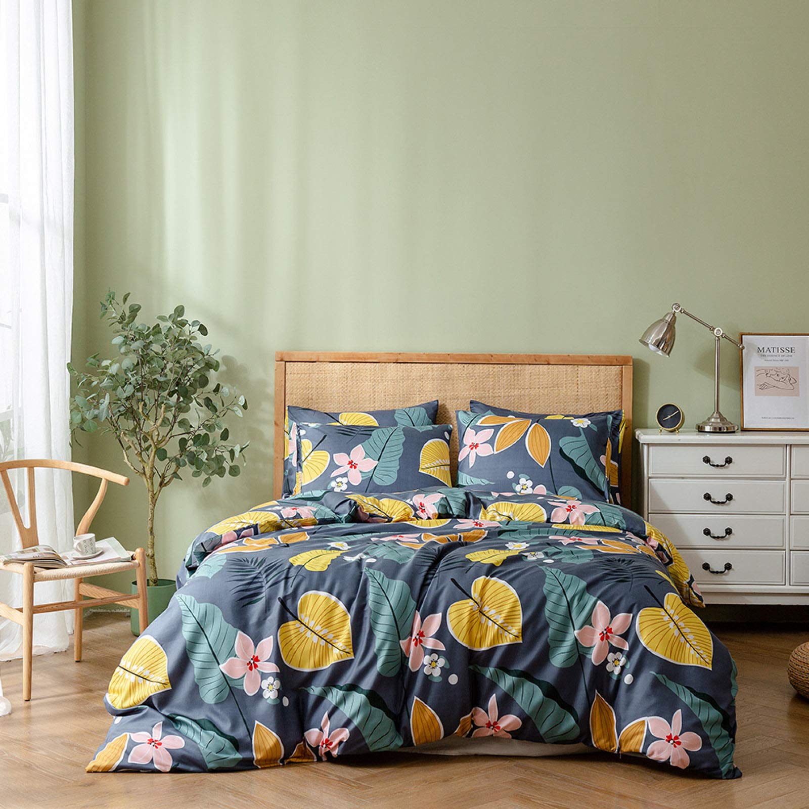 HUJIE Luxury Floral Duvet Cover Set - 2/3 Piece Banana Leaf Print Bedding for Spring & Summer | King Size 245x210cm | Soft Double Bed Linens with Idyllic Scenery Design | Perfect for Master Bedroom, Guest Room & Vacation Homes