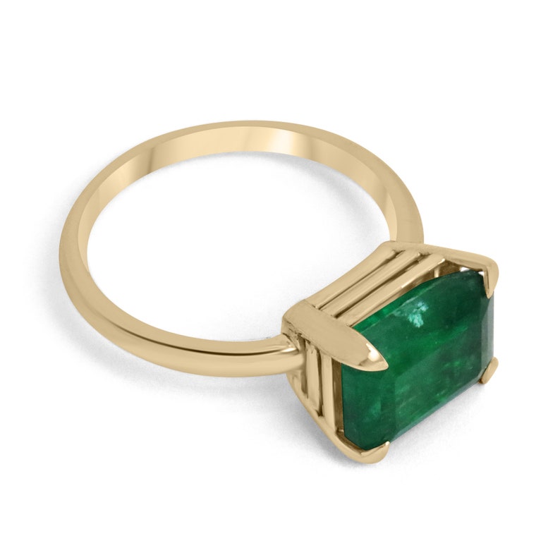 4.50ct Natural Emerald Cut Dark Forest Green East to West 14K Gold Solitaire Ring – Elegant Four Prong Setting for Engagement, Wedding & Anniversary Gifts