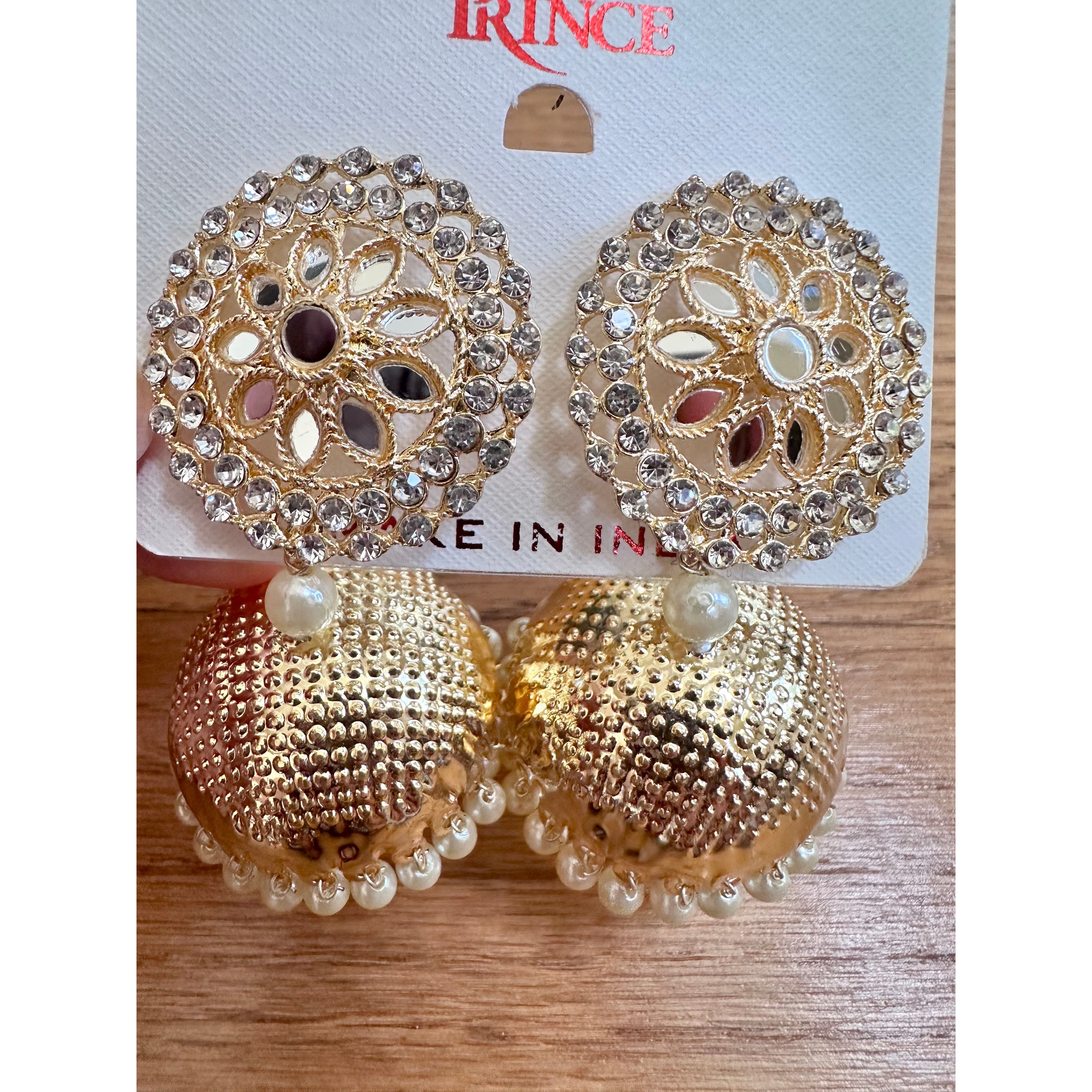 Exquisite White Stones, Pearls & Gold Jhumka Earrings for Women | Traditional Indian Jewelry for Weddings & Festive Occasions