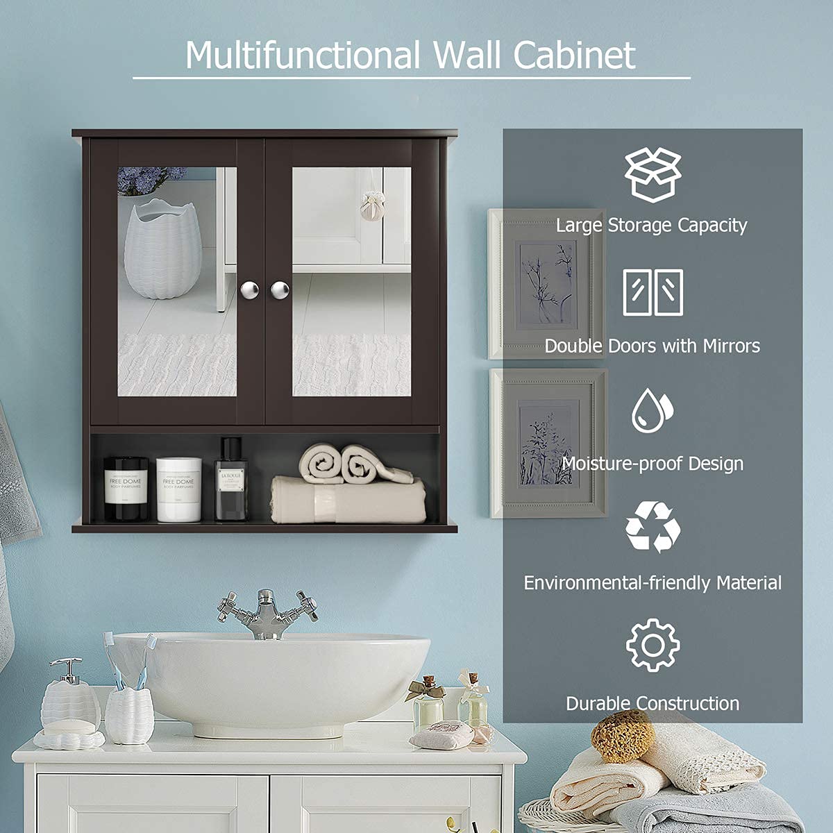 Wall Mounted Wooden Bathroom Cabinet with Double Mirror Doors - Over Toilet Storage Organizer with Round Knobs - Space Saving Bathroom, Kitchen & Bedroom Storage Solution (Brown) - Perfect for Small Bathrooms, Apartment Living and Clutter-Free Organization