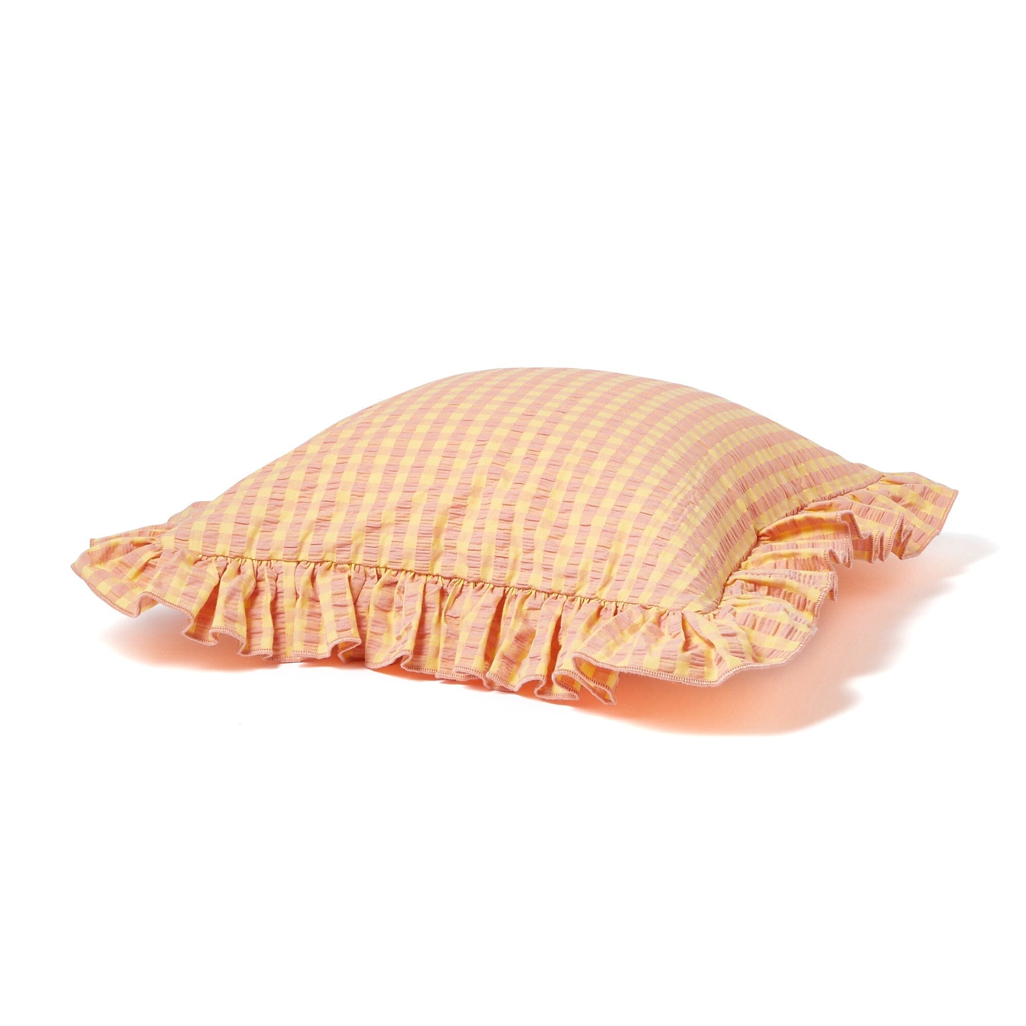 Frilled Checkered Cushion Cover 18x18 Inches - Orange & Yellow Geometric Pattern - Perfect for Sofa, Bed, or Home Decor