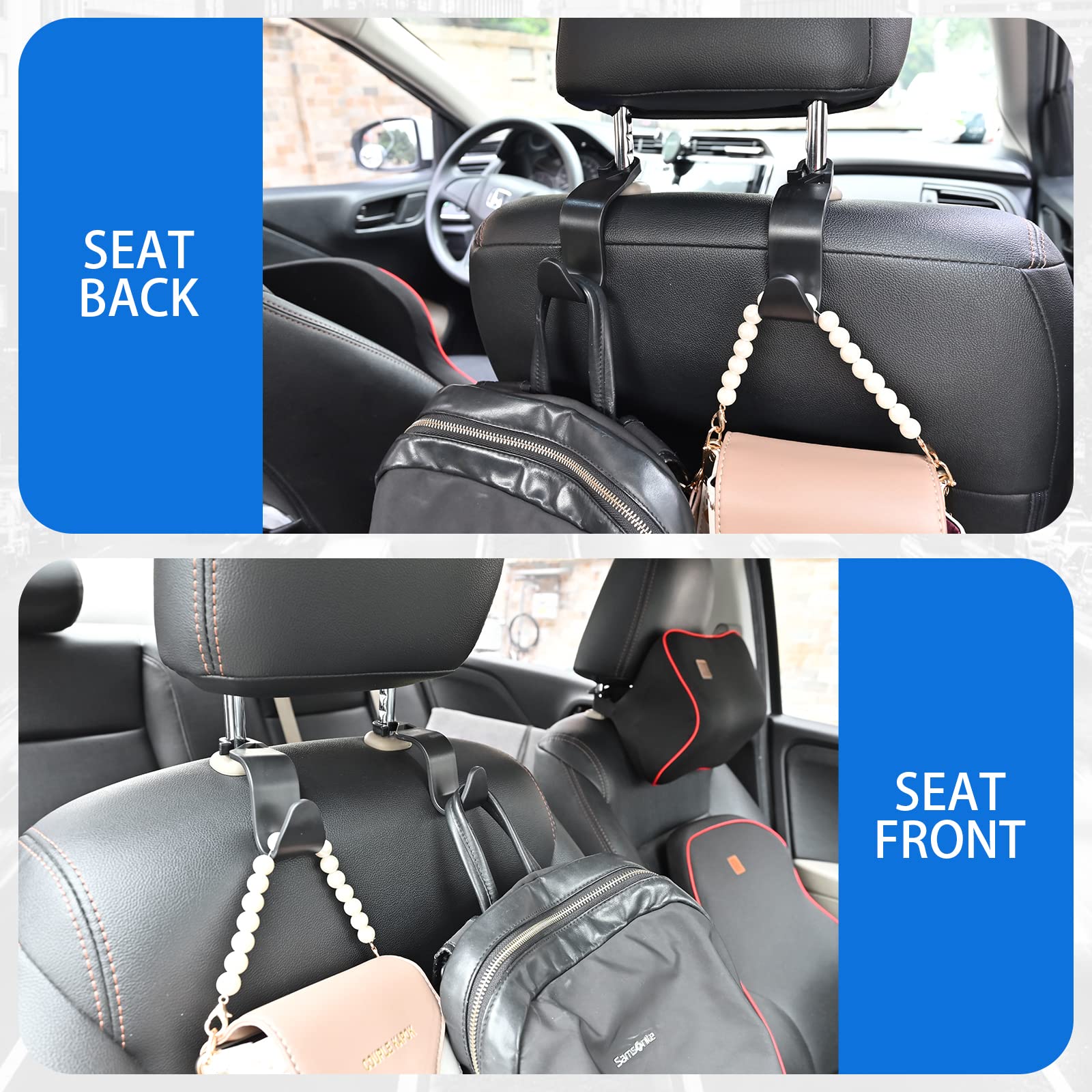 Universal Car Headrest Hook - 4 Pack Black for Handbag, Purse & Coat Storage
