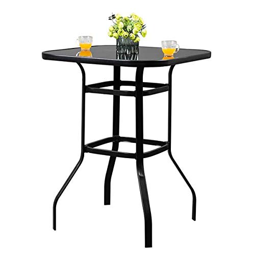 Black Wrought Iron Glass High Bar Table - Outdoor Patio Dining & Entertaining Bar Height Table for Garden, Deck, or Poolside