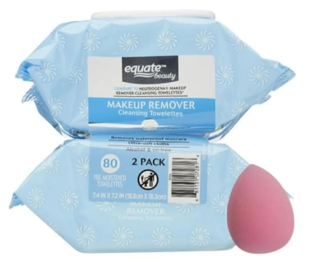 Equate Beauty Makeup Remover Cleansing Towelettes - 80 Count (2 Pack) for Gentle Face Cleansing & Makeup Sponge Cleaning | Perfect for Travel, Gym & Daily Skincare Routine