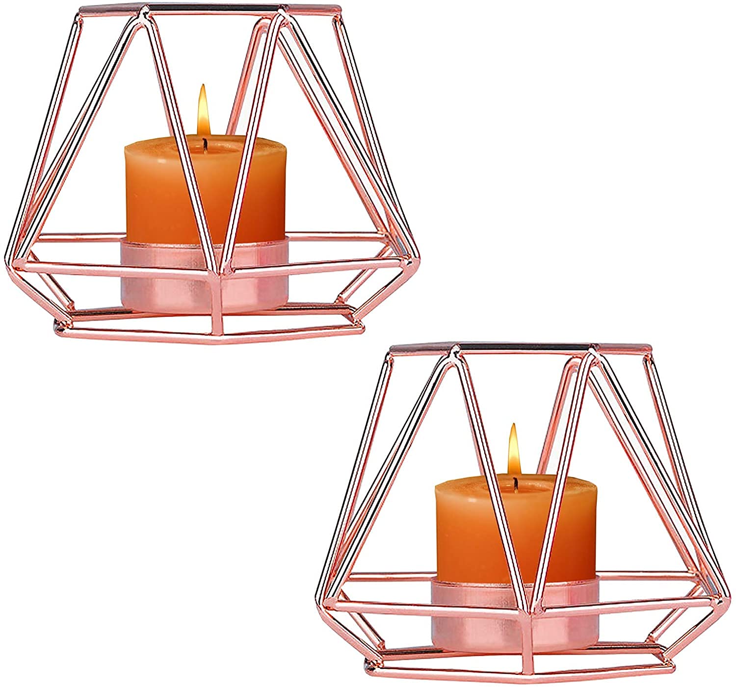 2-Piece Geometric Metal Tealight Holder Set - Rose Gold Iron Wire Candle Holders for Wedding, Home Decor & Table Centerpiece