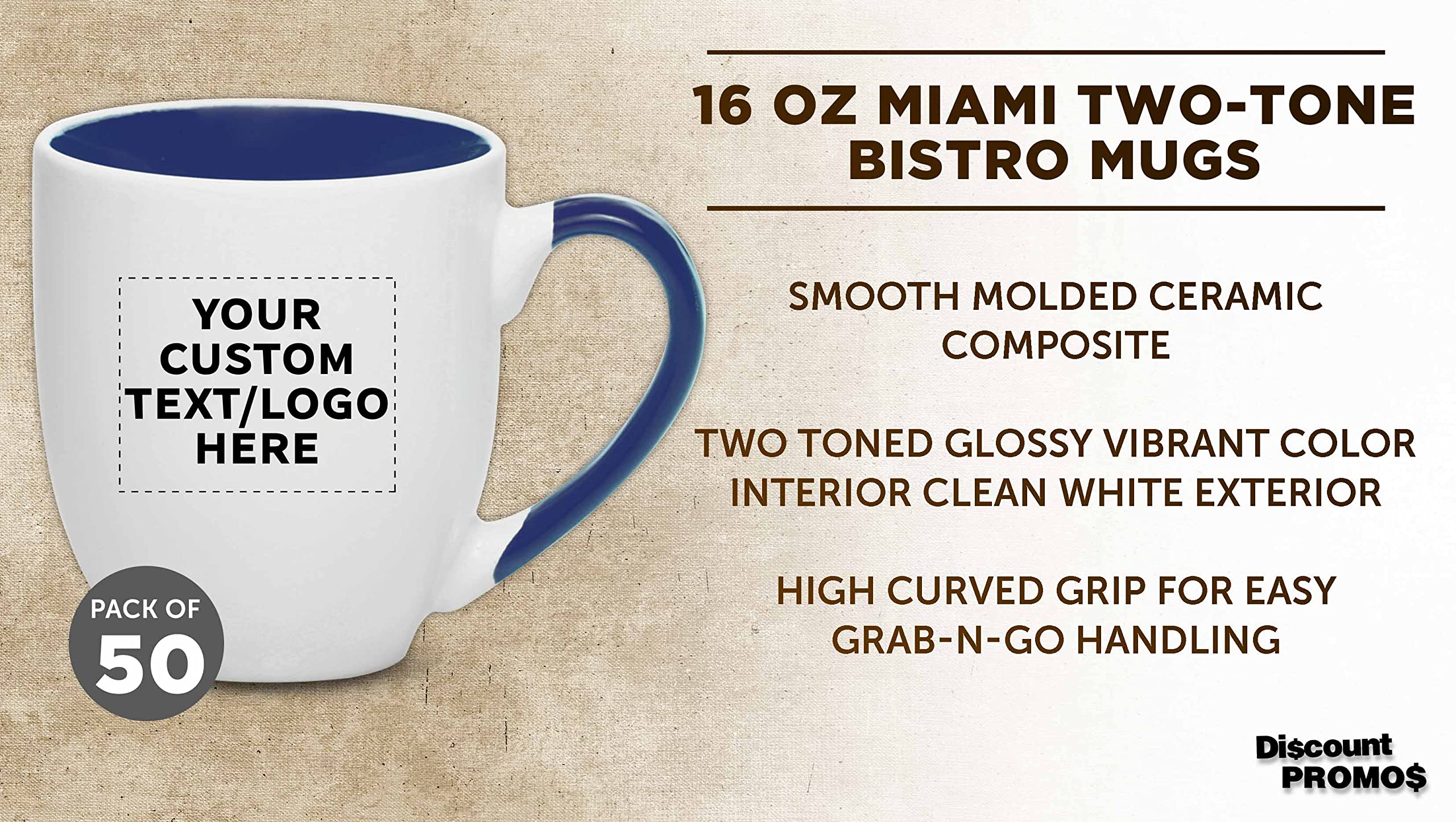 50-Pack Custom Bistro Style 16 oz Large Coffee Mugs - Bulk Personalized Ceramic Cups for Coffee, Tea, Espresso & Hot Cocoa - Cobalt Blue - Perfect for Restaurants, Cafes, Offices & Gifts