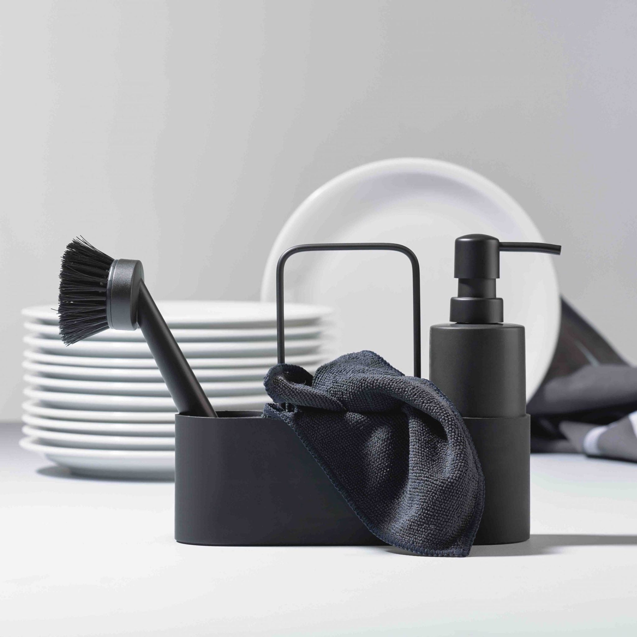 Premium ZONE DENMARK Dishwashing Set with Round Soap Dispenser - Black | Complete Kitchen Cleaning Kit for Sink, Countertop & Dish Rack Organization