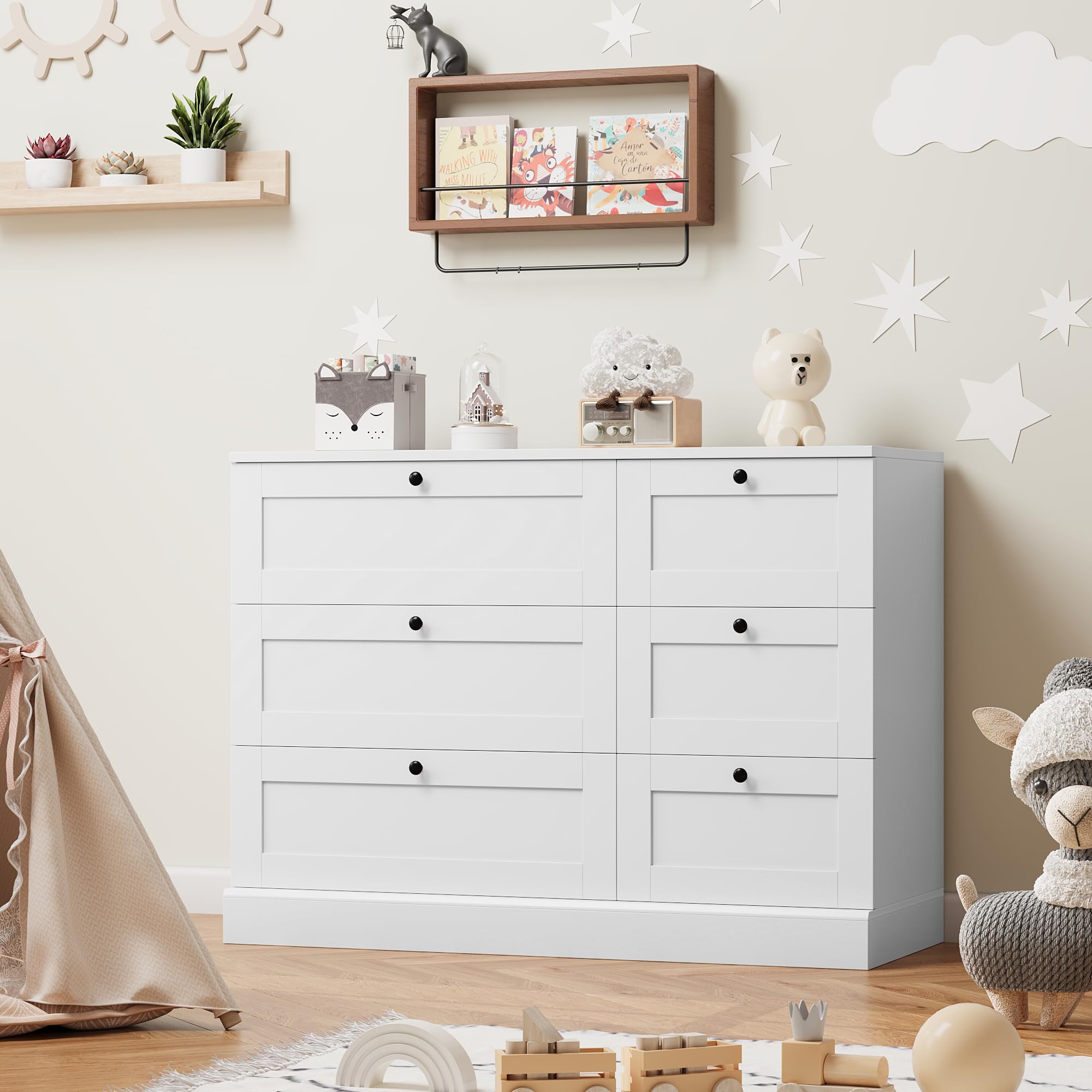 HOSTACK 6-Drawer White Wooden Dresser - Modern Wide Double Dresser Chest for Bedroom, Living Room, Entryway & Hallway - Perfect for Home Organization & Storage Solutions