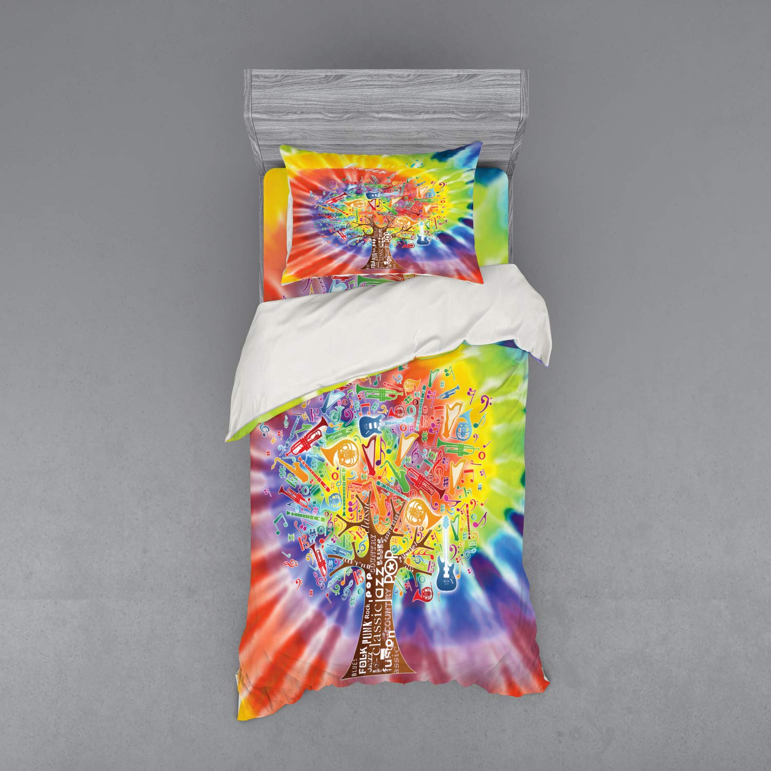 Ambesonne Tree Duvet Cover Set - Colorful Musical Instrument & Note Design, 3-Piece Twin XL Bedding with Sham & Fitted Sheet | Perfect for Music Lovers' Bedrooms, Dorm Rooms & Bohemian Decor