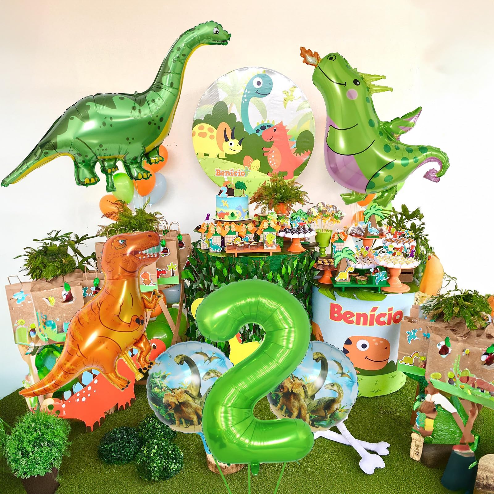 Dinosaur Balloons for 2nd Birthday Party Decorations - 40 Inch Giant Inflatable Dino & Number 2 Helium Foil Mylar Balloons - Perfect for Dinosaur Theme Birthday Parties, Baby Showers, and Kids Room Decor