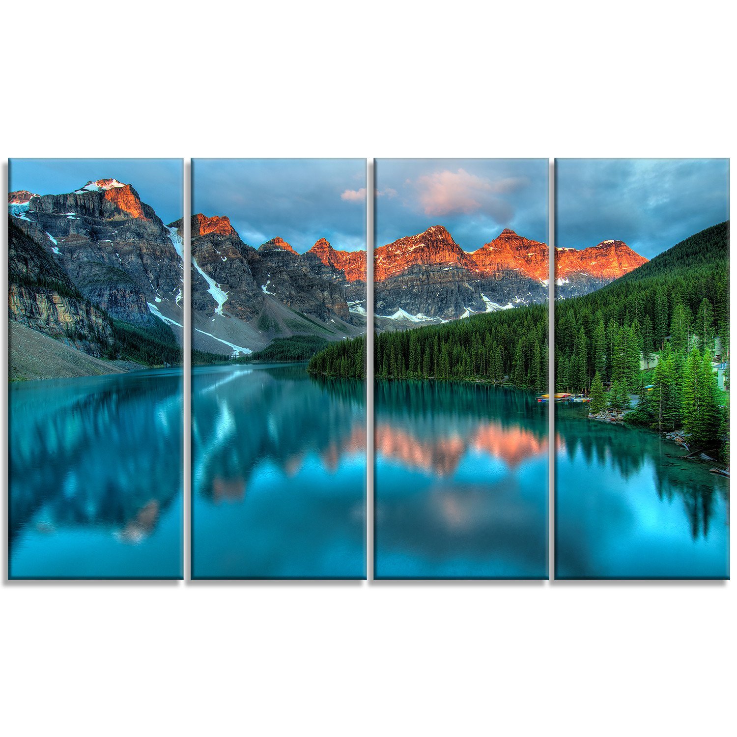 Designart Moraine Lake Sunrise Landscape Photography Metal Wall Art - 48x28 Inches, 4 Panels - Modern Home & Office Decor for Living Room, Bedroom, or Office