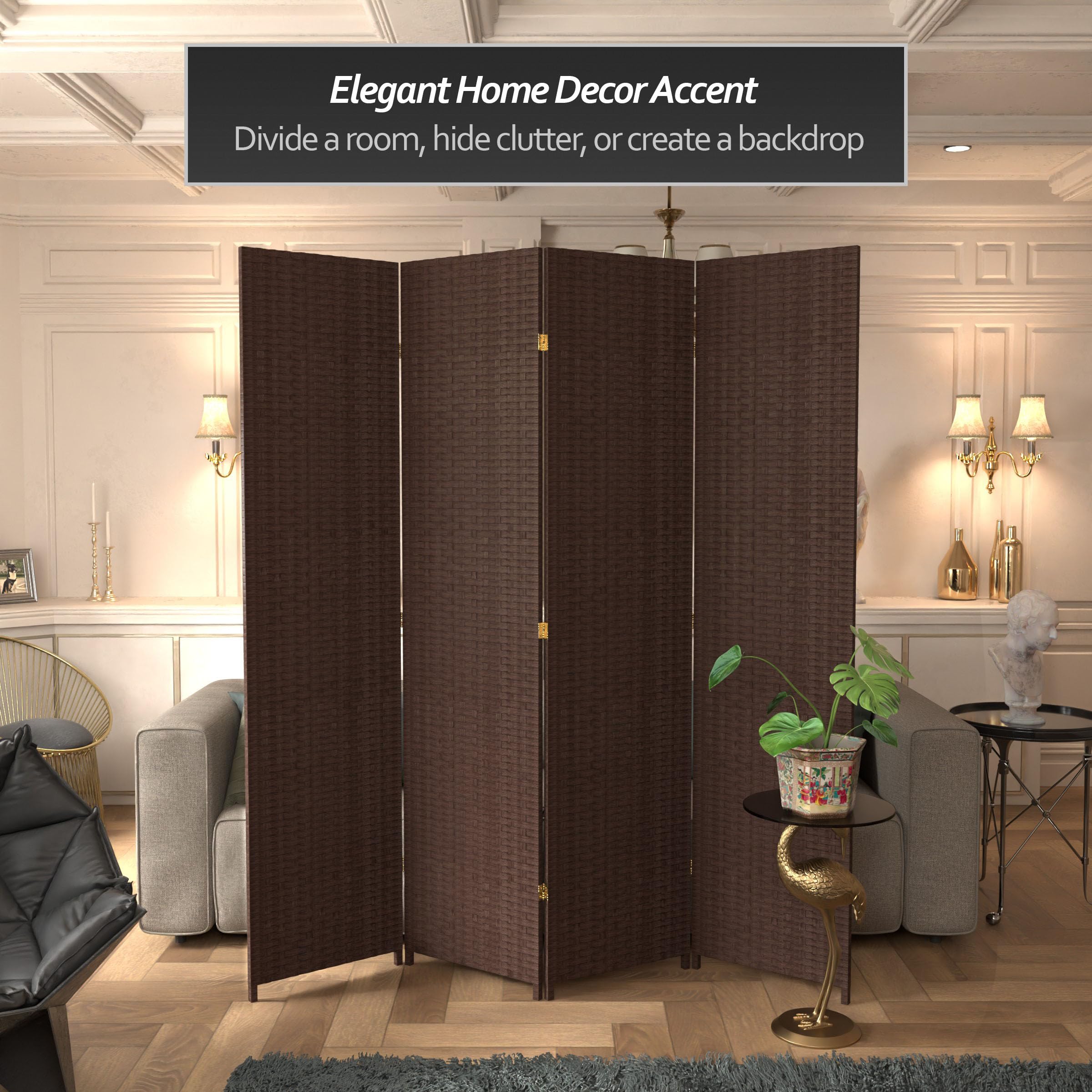 7 ft Tall Woven Fiber Red Lantern Room Divider - Dark Mocha 4 Panel Folding Screen for Home Decor, Office Partition & Asian-Themed Events