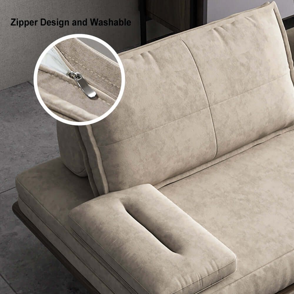 MidCentury Modern Pull Out Sofa Bed - Convertible Sleeper Sofa with Khaki Wood Frame in Cotton & Linen Fabric | Perfect for Small Spaces, Guest Rooms & Apartments